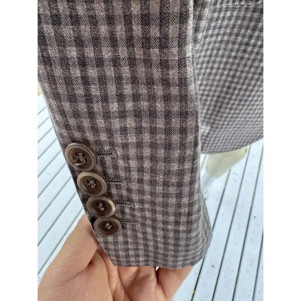 Brunello Cucinelli Linen Wool Silk Gingham Plaid Check Blazer Jacket 52/42 Gray